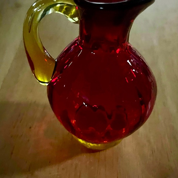Precious miniature Ruby Glass pitcher - 3.5" high with clear crystal handle. - Picture 2 of 3